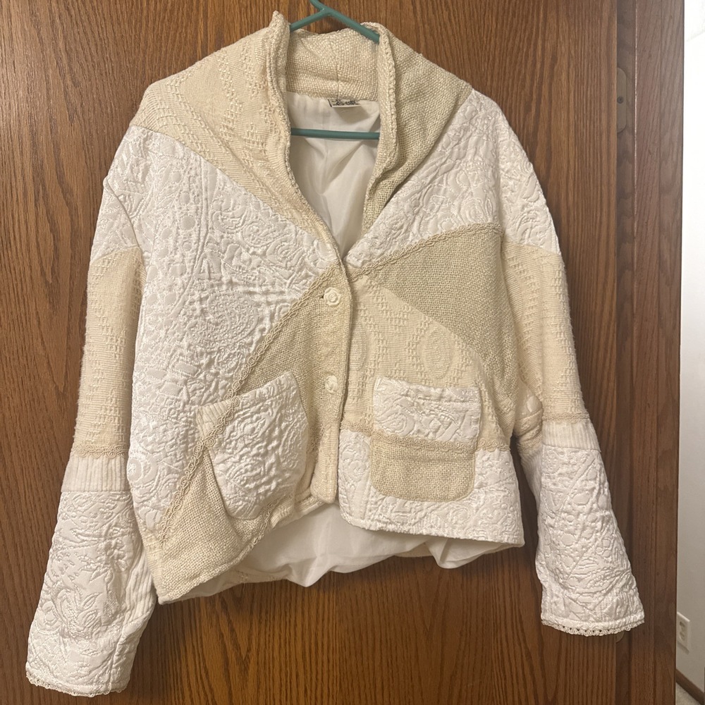 Parsley & Sage Patchwork‎ Textured Jacket Cream Beige L Boho Artsy Button Front